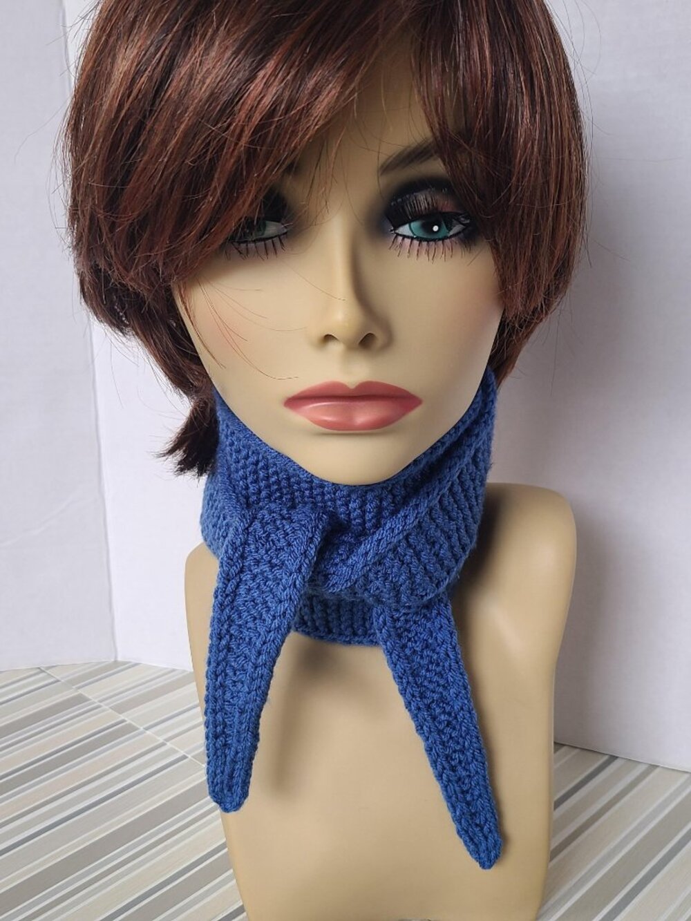 Sophie Scarf Classic Design Small Double Wrap Handmade Knitted Acrylic Blue